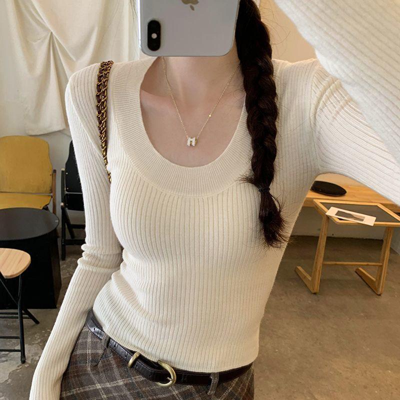 Korean Style U-Neck Ribbed Innerwear Slim-Fit Long/Short Sleeve Women's T-Shirt for Spring/Summer