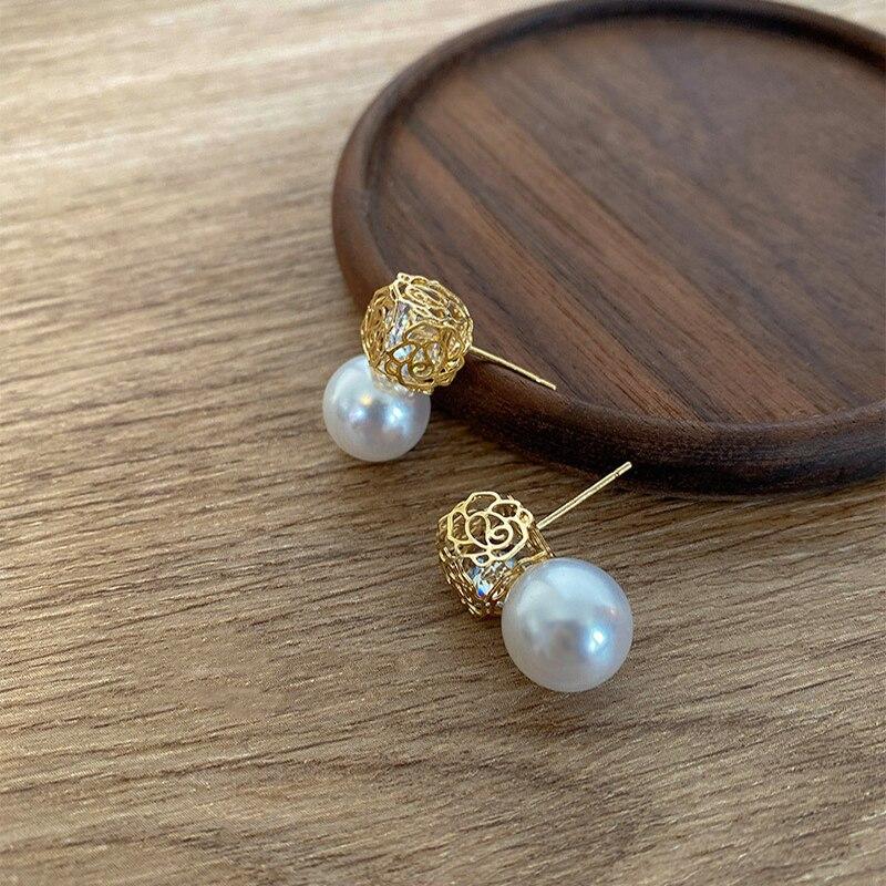 'S Earrings Pearl Earrings Geometry Metalized Gold Tone Earrings Shiny Cubic Zircon Female For Women Earrings Trend JewelryWedding Jewelry