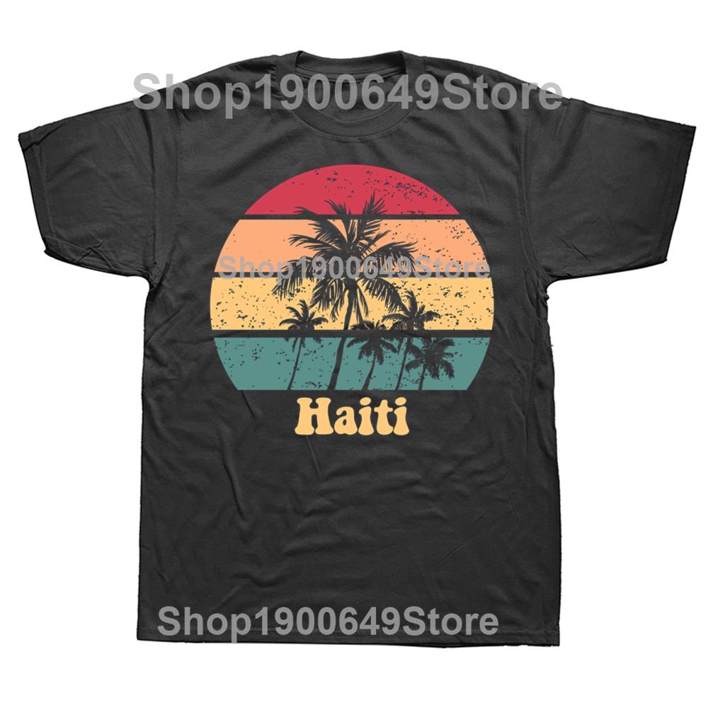 Funny Haiti Retro Sunset Proud Haitian T Shirts Cotton Streetwear Gifts Mens Clothing Fashion Casual Loose Oversized T Shirt