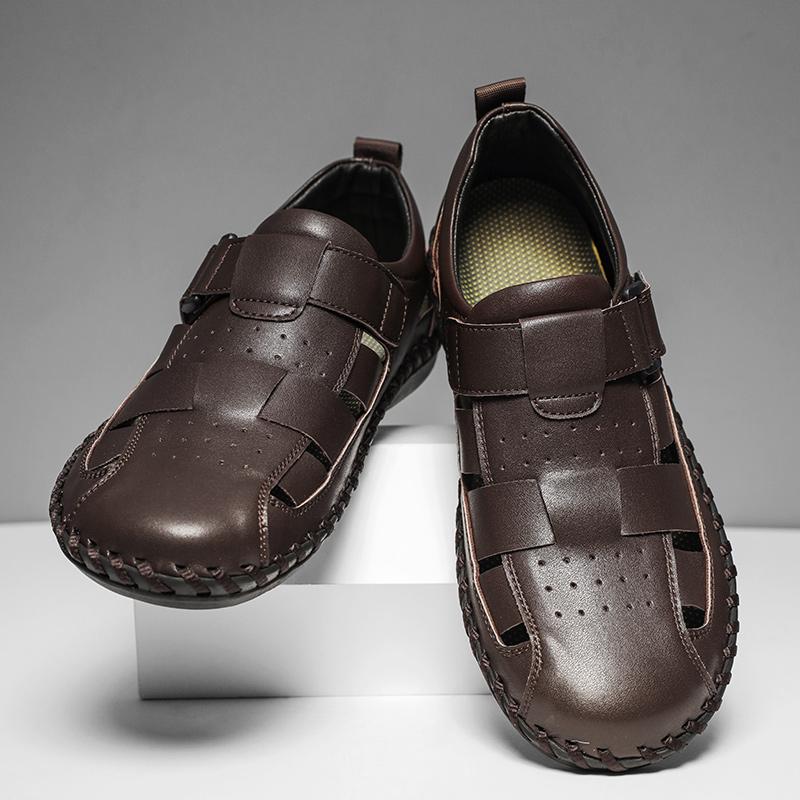 Fashion Hand-stitching Summer Sandals Genuine Leather Mens Casual Shoes Outdoor Non-slip Sandals  Hollow Male Beach Footwear Roman Shoes