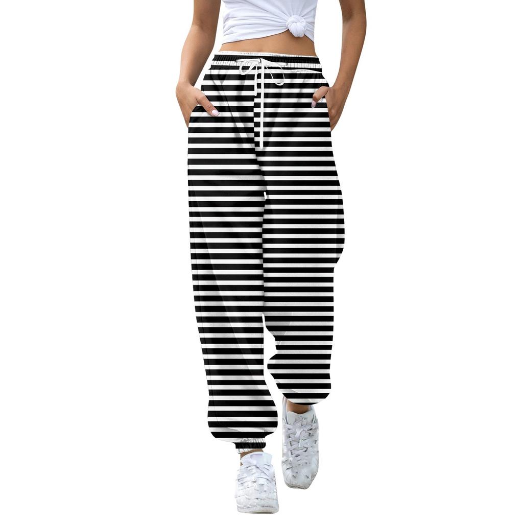 Women's Casual Striped Sweatpants with Drawstring Elastic Waist and Cuffed Hem