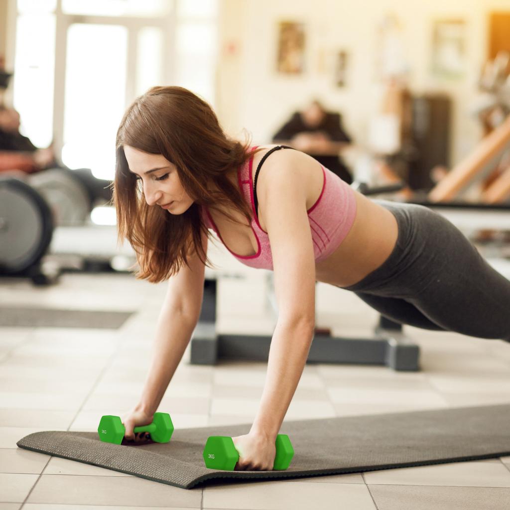Set of 2 Dumbbells 3 Kg Hexagonal and Non-Slip for Home and Gym, In Metal and Plastic, 18x8x8 Cm, Green