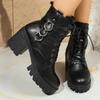 Winter Sexy Elegant Solid Color Round Toe Lace Up High-Heeled Short Boots Fashionable New Style Comfortable Casual Women'S Boots