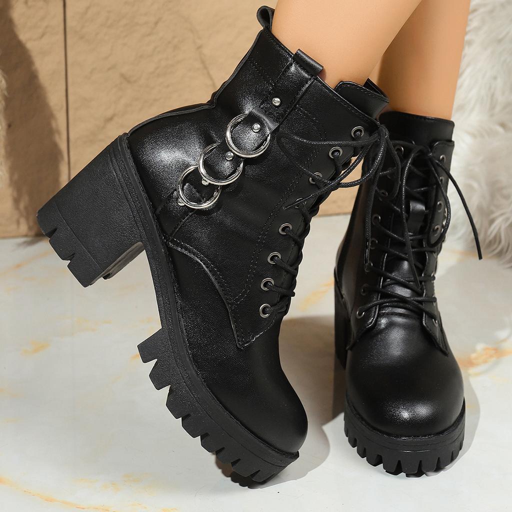 Winter Sexy Elegant Solid Color Round Toe Lace Up High-Heeled Short Boots Fashionable New Style Comfortable Casual Women'S Boots