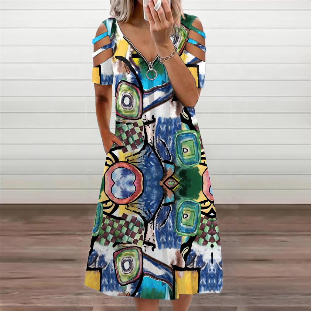 Buy Summer Womens V-neck Print Zipper 