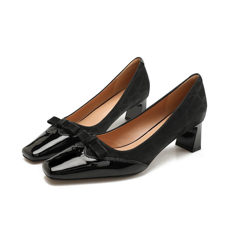 French high heels women's thick heel spring and autumn 2025 new red bow middle heel shoes splicing small fragrant single shoes