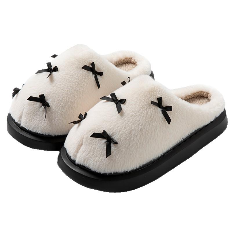Women's Warm Cotton Slippers with Bow, Non-slip Indoor Shoes for Autumn/Winter