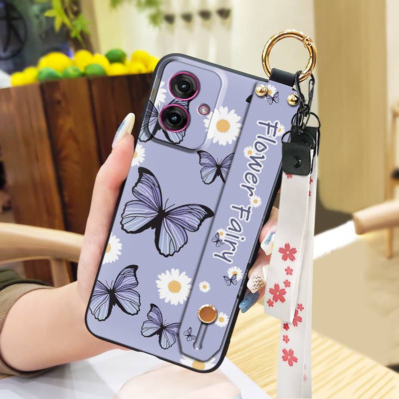 Soft case Wrist Strap Phone Case For MOTO G55 5G Oil Painting Flower Phone Holder Anti-dust Shockproof Lanyard Kickstand