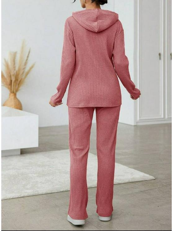 Set nou pentru femei, casual, cu pulover tricotat cu glugă cu dungi și pantaloni largi cu mâneci lungi pentru primăvară/toamnă