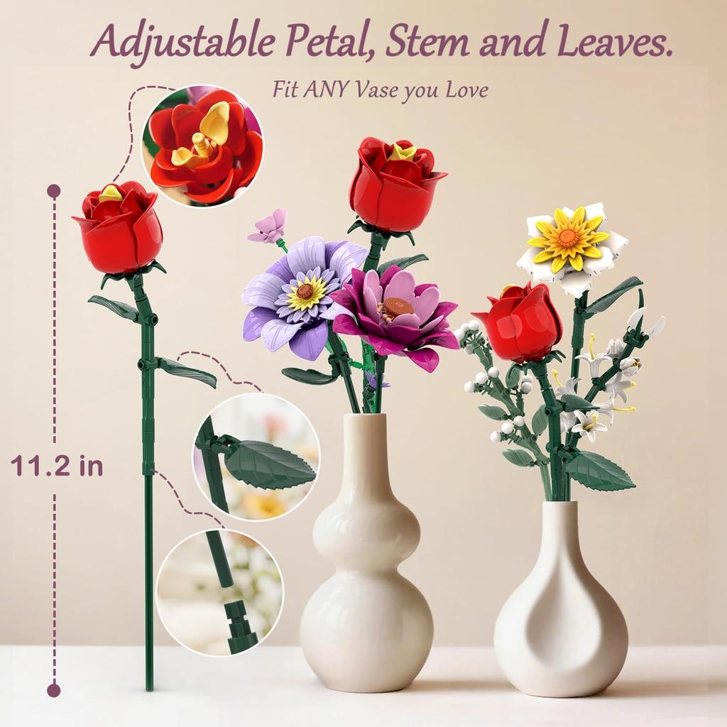 Flowers Bouquet Building Set with 2 in 1 Vase, 16 Flowers Bouquet Sets for Adults & Women, Compatible with Lego Flowers Bouquet, for Wife Mom Mother