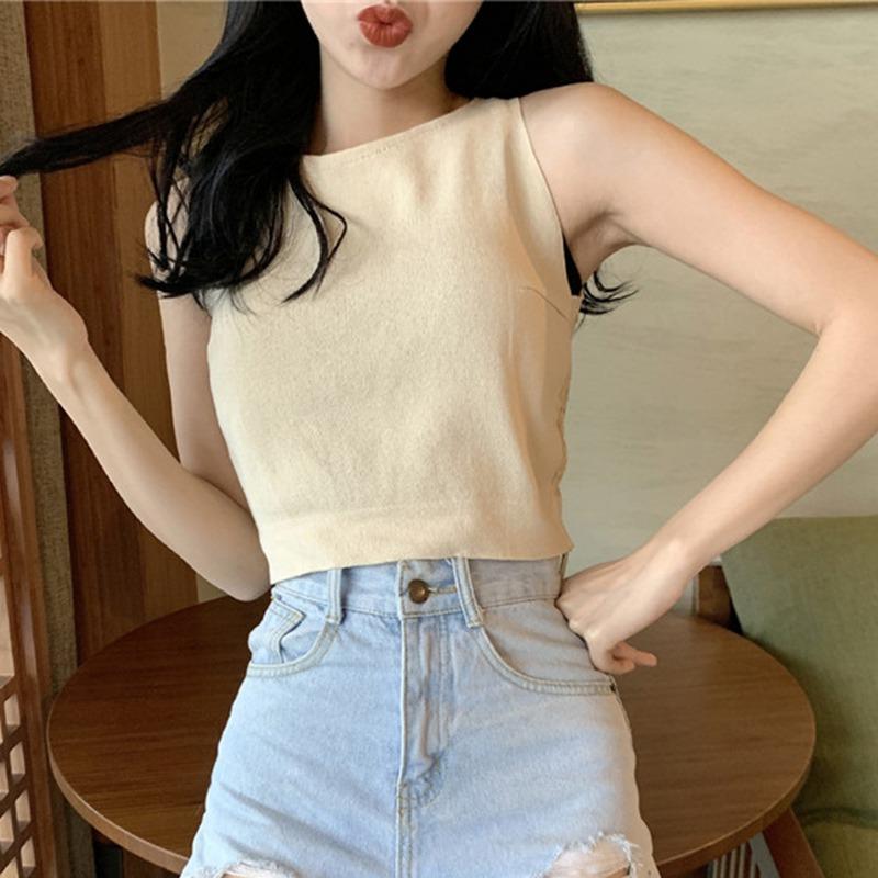 Women's Top Sleeveless O Neck Solid Casual Lace Up Backless Lace Stitching T-Shirt