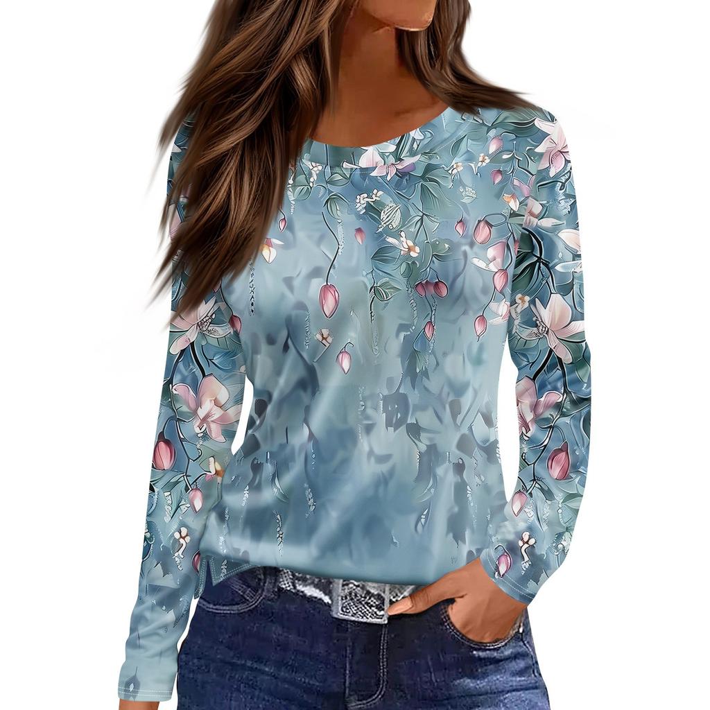Women's Fashion Casual Slit Hem Round Neck Long Sleeve Loose Printed T-Shirt Ladies Top