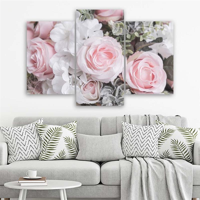 Three Piece Picture Canvas Print Pink Roses Flower Nature