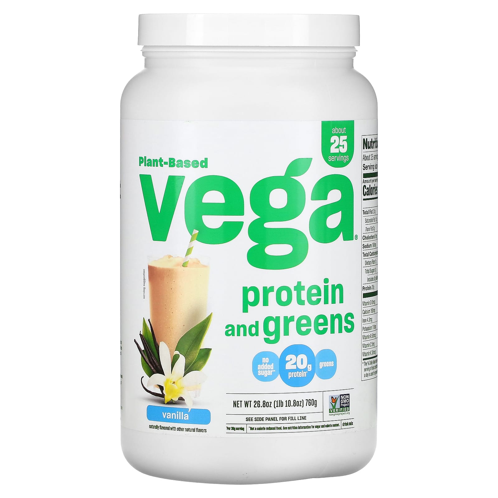 

Vega, Plant-Based Protein and Greens, Vanilla, 26.8 oz (760 g)