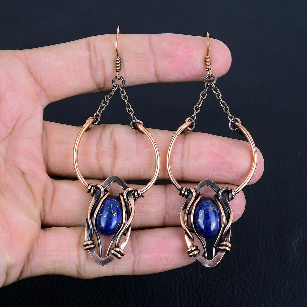 Lapis Lazuli 999 Copper Wire Wrapped Earrings, Handmade Gemstone Earrings Jewelry, Gifts For Wife Brand New Earrings