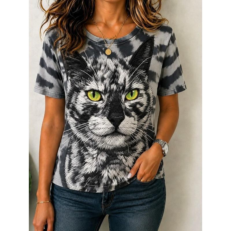 Women's T Shirt Print Graphic Animal Vintage Stylish Classic Short Sleeve Crew Neck Regular Tops Daily Weekend Black White Gold Summer Spring Fall