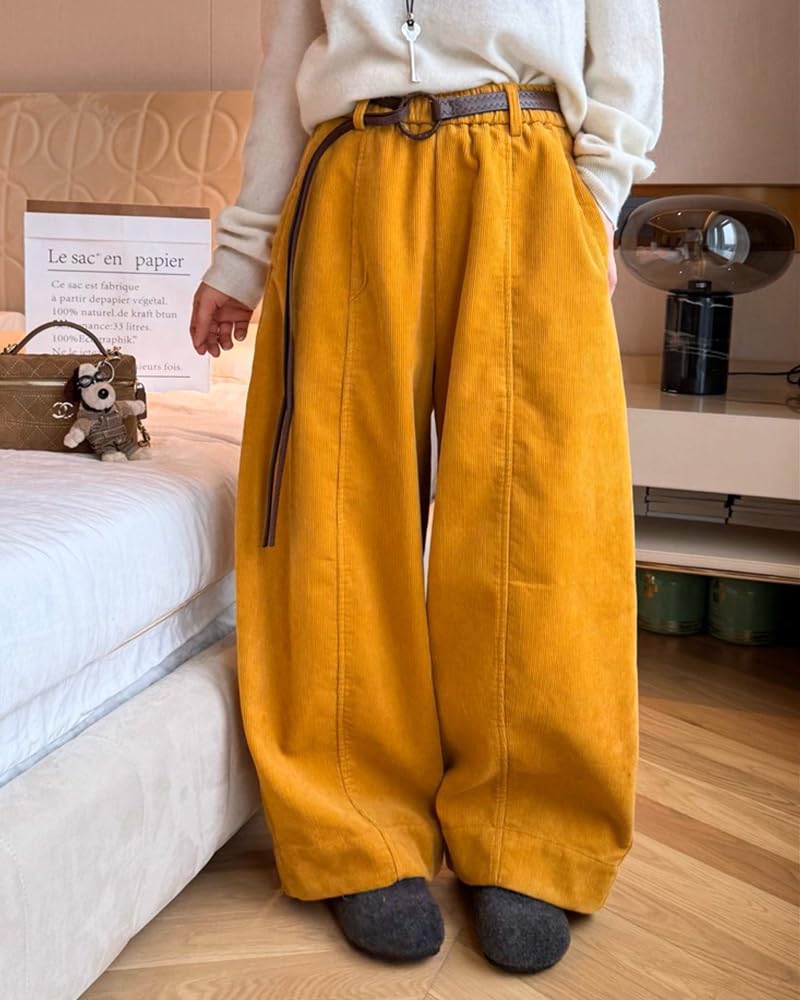 LUJPOIR Corduroy Perfect for Fall and Winter Solid Loose Casual Bottoms Women's Wide-leg Pants, Commuting, Warm, Thick, Belted, Color, Flattering,