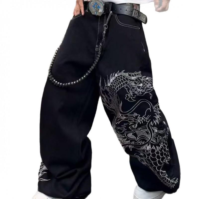 Mens High-Waisted Straight Leg Denim Jeans 2026 Vintage Dragon Tiger Print Casual Wear