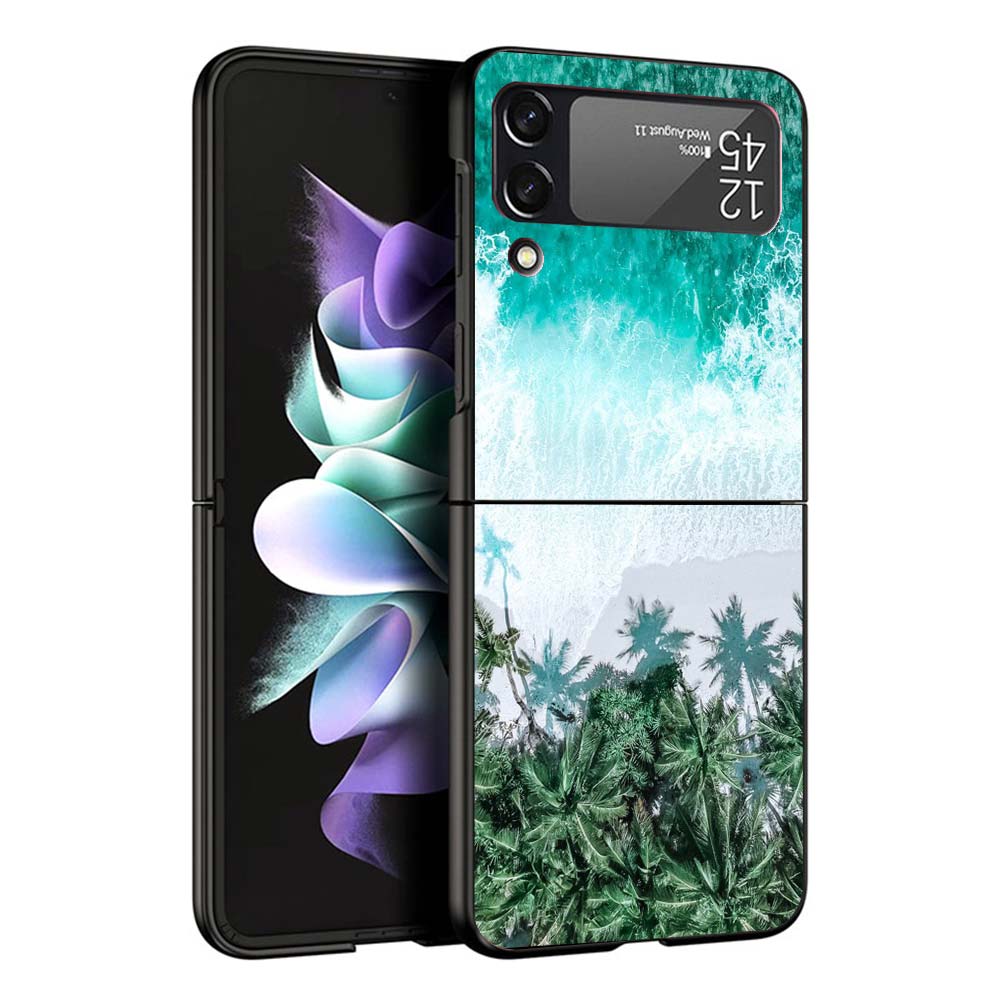 Summer Beach Sunset Sea Palm Tree Black Cover for Samsung Galaxy Z Flip 7 6 5 4 3 5G Phone Case Flip7 Flip6 Flip5 Flip4 Flip3 Pa