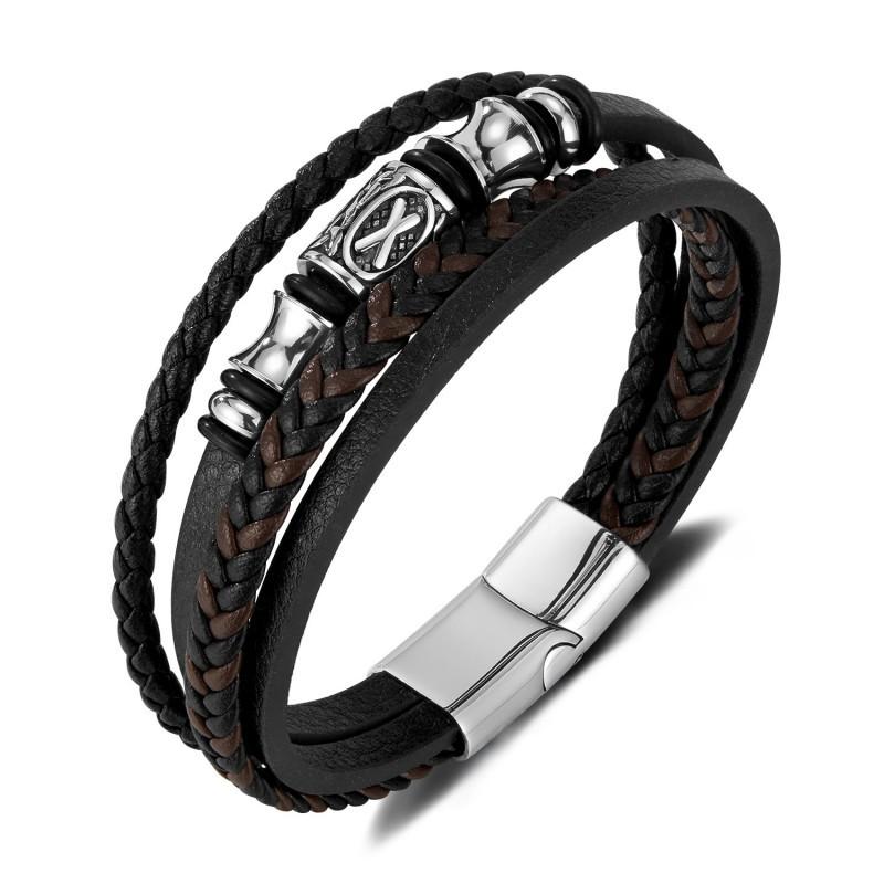 Trendy Leather Bracelet Men Personalized Retro Stainless Steel Multi-layer Woven