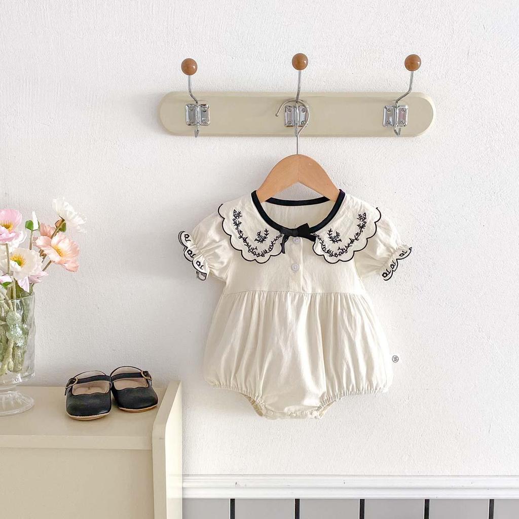 Embroidered Summer Romper with Turn-Down Collar and Bow for Newborn Girls