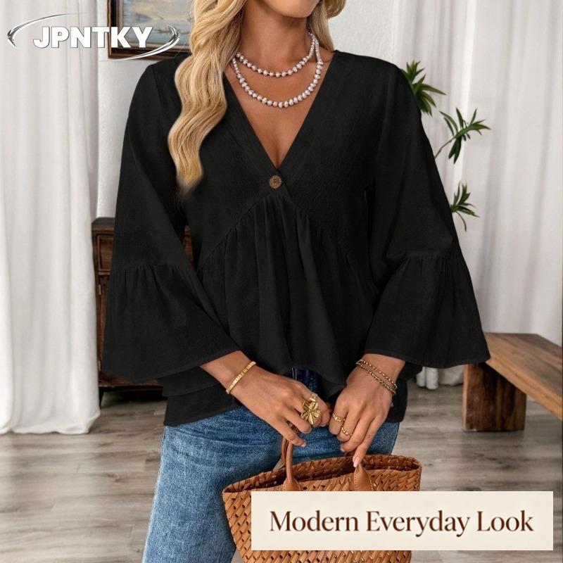 JPNTKY Women's Fashion Casual Long Sleeve V-Neck Blouses & Shirts