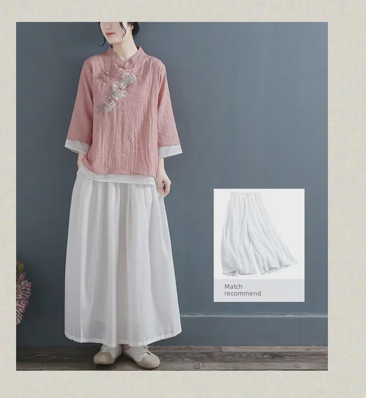 Women's V-Neck Retro Embroidered Cotton-Linen T-Shirt, 3/4 Sleeve, Spring-Summer-Autumn 2024, Casual Literary Style.