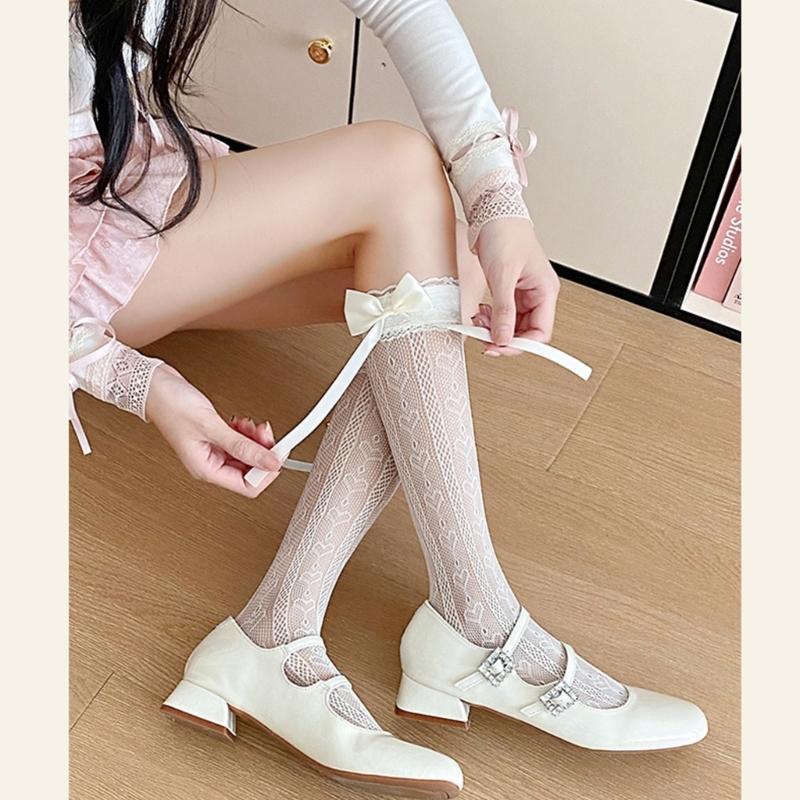 Japanese Style Ruffle Lace Trim Over the Calf Socks for Women Cute Ribbon Bowknot Hollowed Out Heart Fishnet Stockings