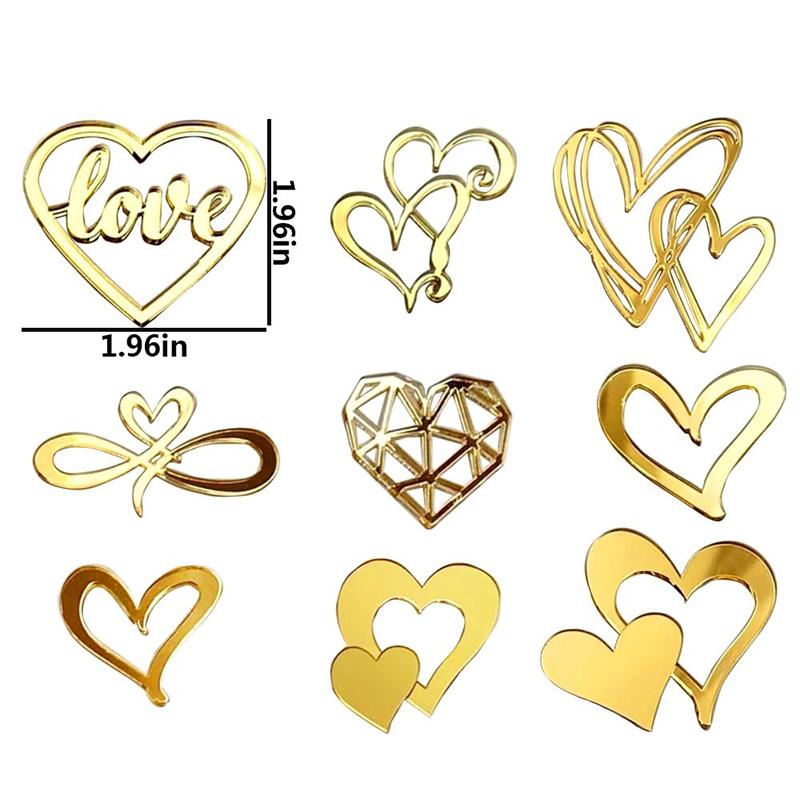 9Pcs Gold Love Heart Acrylic Cake Topper For Wedding Valentine'S Day Cake Diy Decoration Ins Style Birthday Party Cupcake Topper