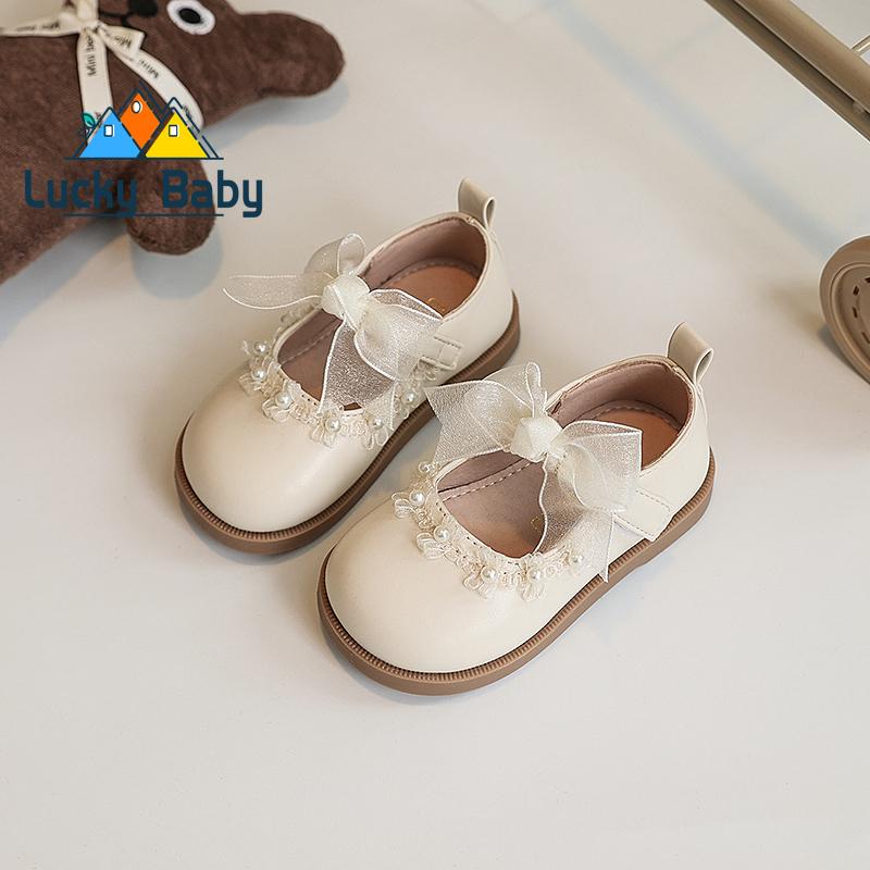 

Baby Girls Leather Shoes for Wedding Party Princess Kids Flat Mary Janes Lace Bowtie with Beading Spring Children Flats New 23