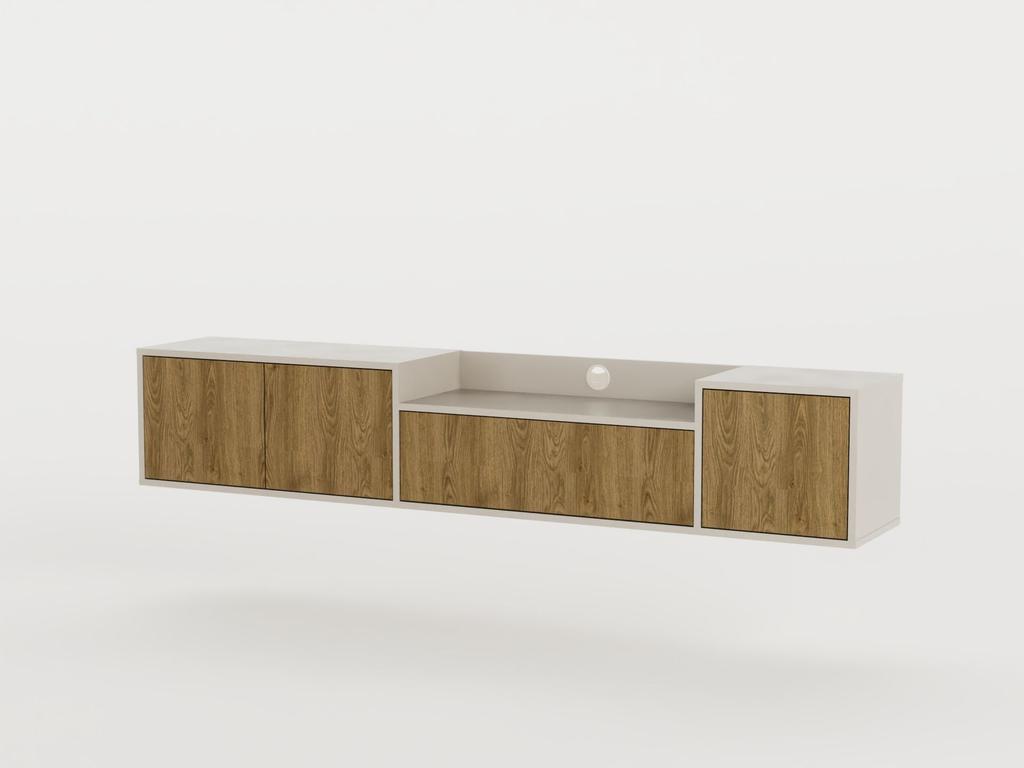 Meuble TV PINELLA – Crème & Chêne Foncé – 3 Portes Battantes, 1 Porte Abattante – 200 X 35 X 37 Cm