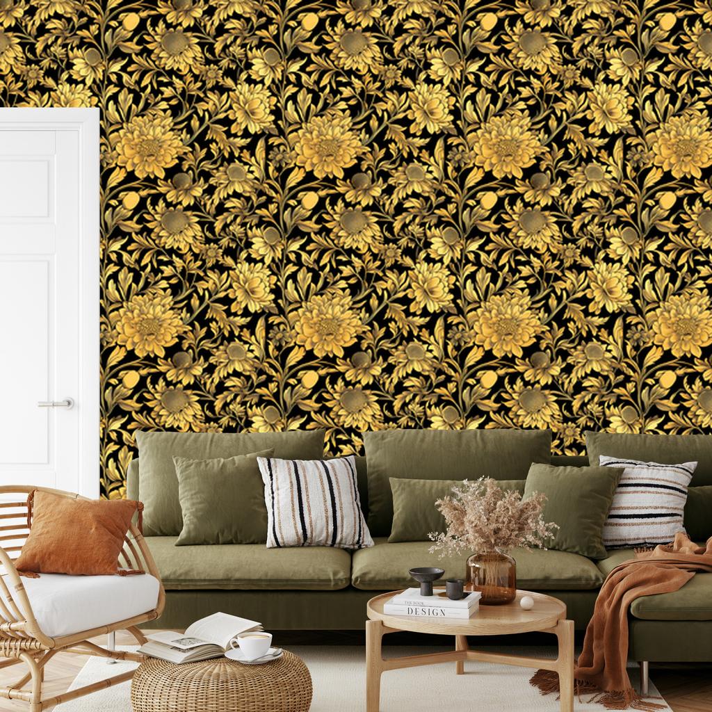 Golden Hibiscus Wallpaper Ochre, Gold, Yellow and Black 50x1000