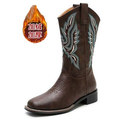Mode Hellbraun Dunkelbraun Luxusmarke 2024 Neue Winter Damenstiefel Bestickte Stiefel Leder Wadenmitte Plüsch hinzufügen Cowboystiefel