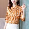 Women's Clothing Spring Autumn Pullover Crew Neck Turn-down Collar Flower Printing Long Sleeve Undershirt T-shirt Elegant Tops