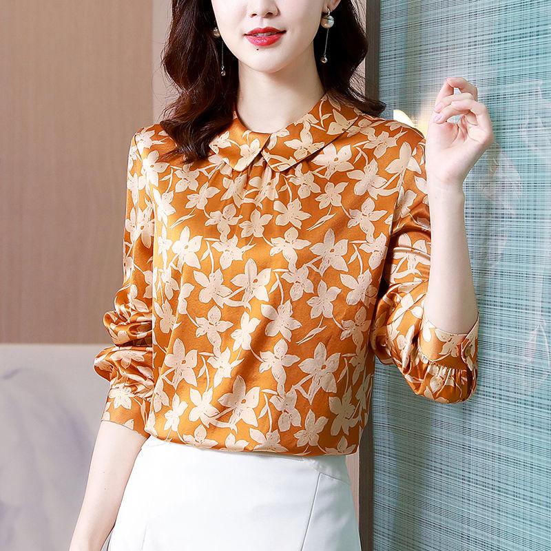 Women's Clothing Spring Autumn Pullover Crew Neck Turn-down Collar Flower Printing Long Sleeve Undershirt T-shirt Elegant Tops