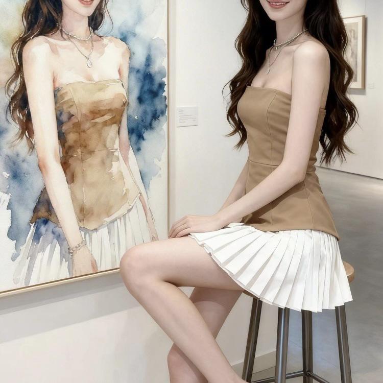 Korean Style Strapless Faux Two-Piece Dress Outfit - Women s Summer Collection Small