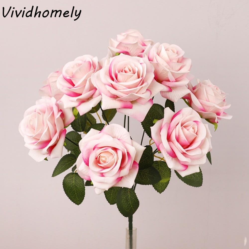 9 Head Artificial Rose Flower Green Leaves Real Touch Faux Rose Flower Branch Handmade Luxury Simulation Rose Valentine's Day
