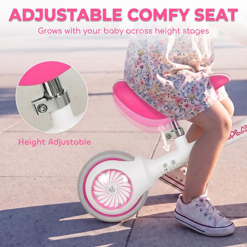 Balance Bike for Kids 1-2 Years, Toddler Bike with Adjustable Seat and Lighting Rear Wheels for Boys and Girls, Pink