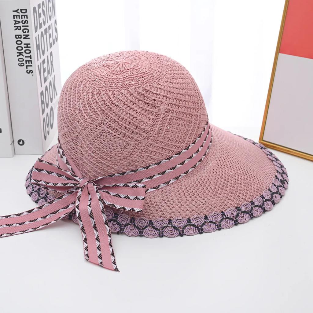 WTEMPO Women's Solid Color Bow Summer Knitted Bucket Hats Hollow-out Foldable Breathable Wide Brim Outdoor Travel Beach Hats