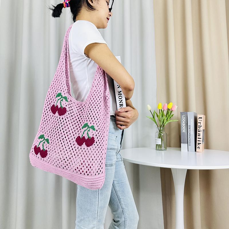 New I-Knitted Bag Knitted Bag Large Capacity Tote Bag Cherry Shoulder Bag