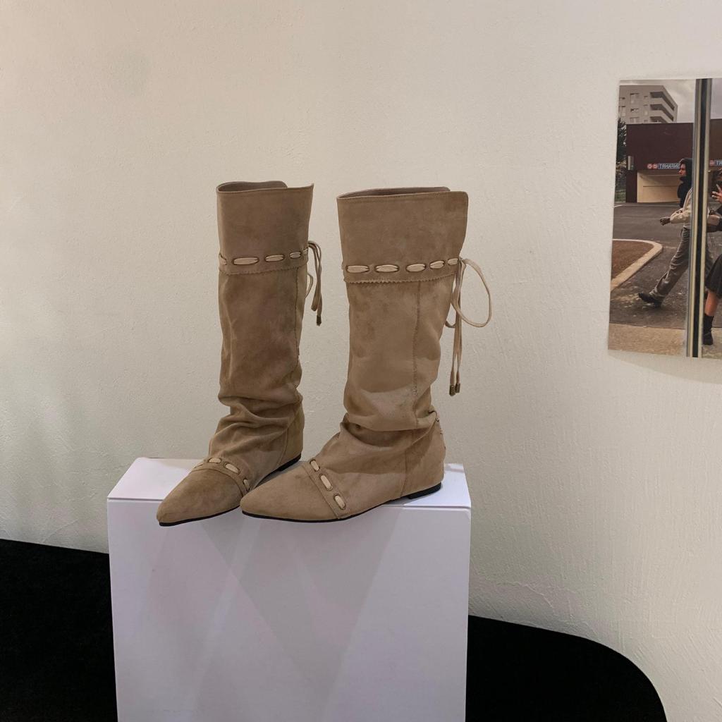 Design sense Spice girl wedge trouser boots autumn and winter new pointed but knee mid-heel fashion boots temperament fashion boots