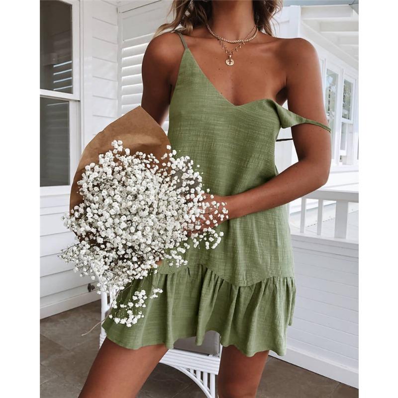 Sommermode Sexy Träger V-Ausschnitt Kleid Rückenfrei Elegant Lässig Locker Schlicht Gerüscht A-Linie Kurzes Kleid Damen Einfarbig Damenbekleidung XL