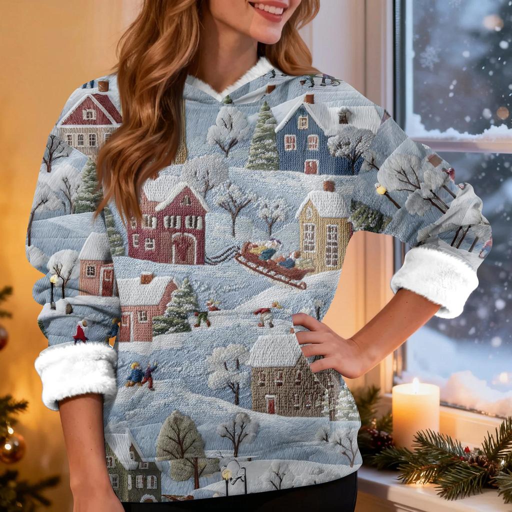 Women's Fashion Casual Long Sleeve Christmas Printed Hooded Sweatshirt