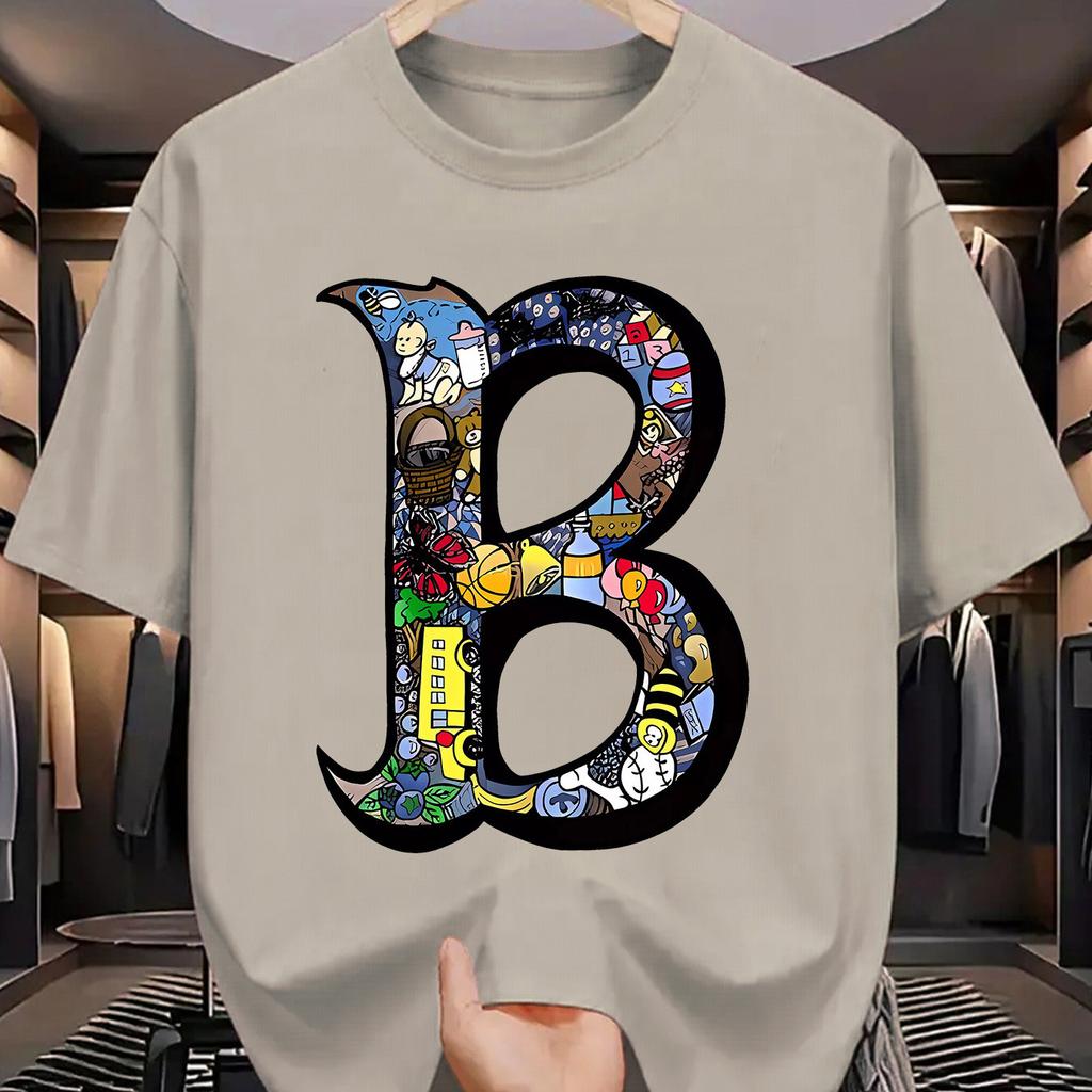 Letní pánské 100% bavlněné sportovně-ležérní módní volné nadměrné velikosti kreativní s potiskem písmena B kulatý výstřih krátký rukáv tričko top