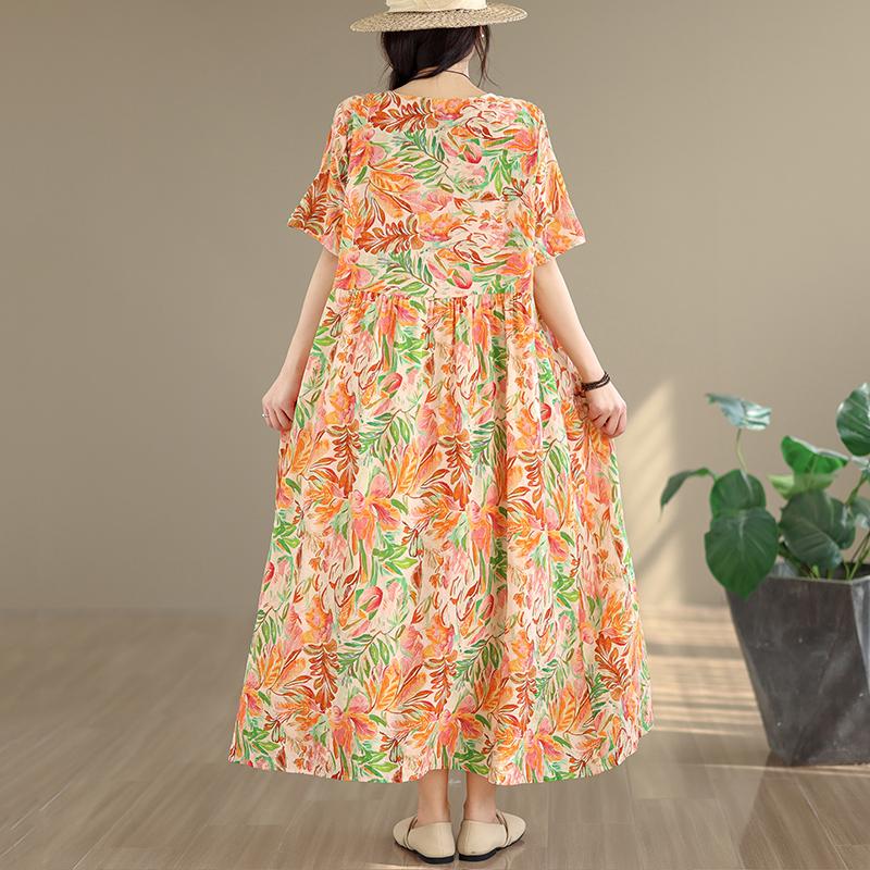 DIMANAF New 2026 Women Plus Size Summer Casual Long Dress Cotton Loose Oversize Floral Print Beach Sundress