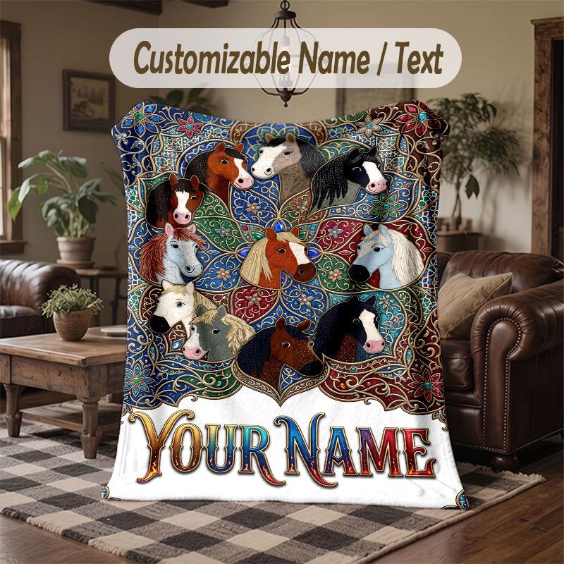 Coperta da divano a tema cavallo con nome personalizzato Testo Coperta personalizzata Morbida Coperta accogliente per casa Divano Letto