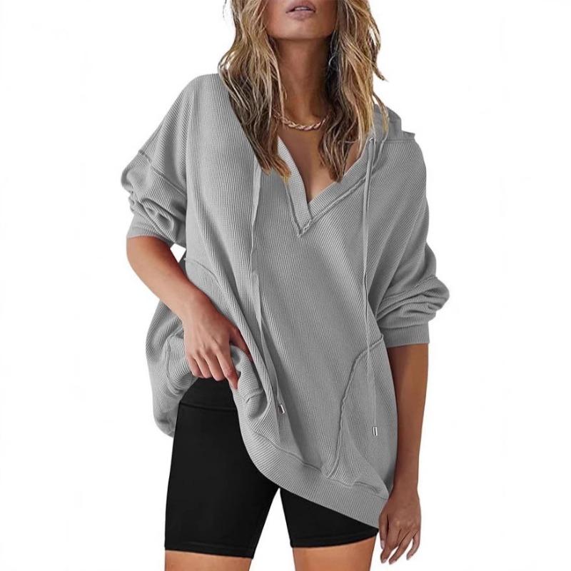 Women S Waffle Knit Solid Color Long Sleeve Hooded Sweatshirt S серый