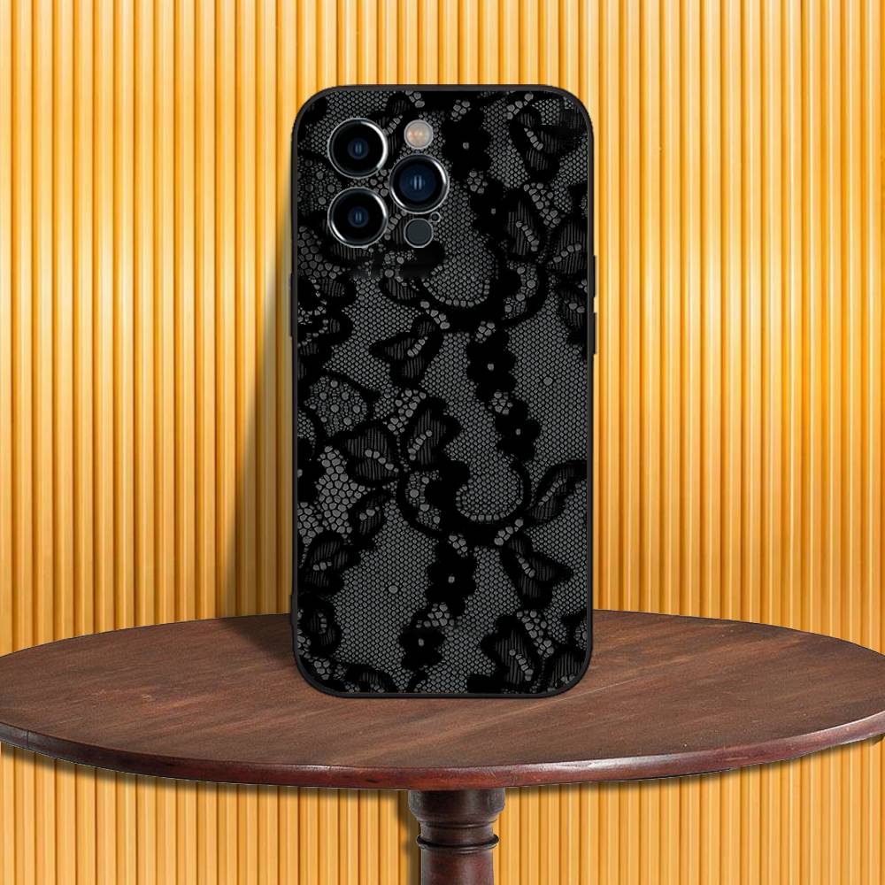 Lace Print Pattern Phone Case For iPhone 17,16,15,14,13,12,11,Pro,Max,Plus,X,XS,SE4,E,Mini,Soft Black Case