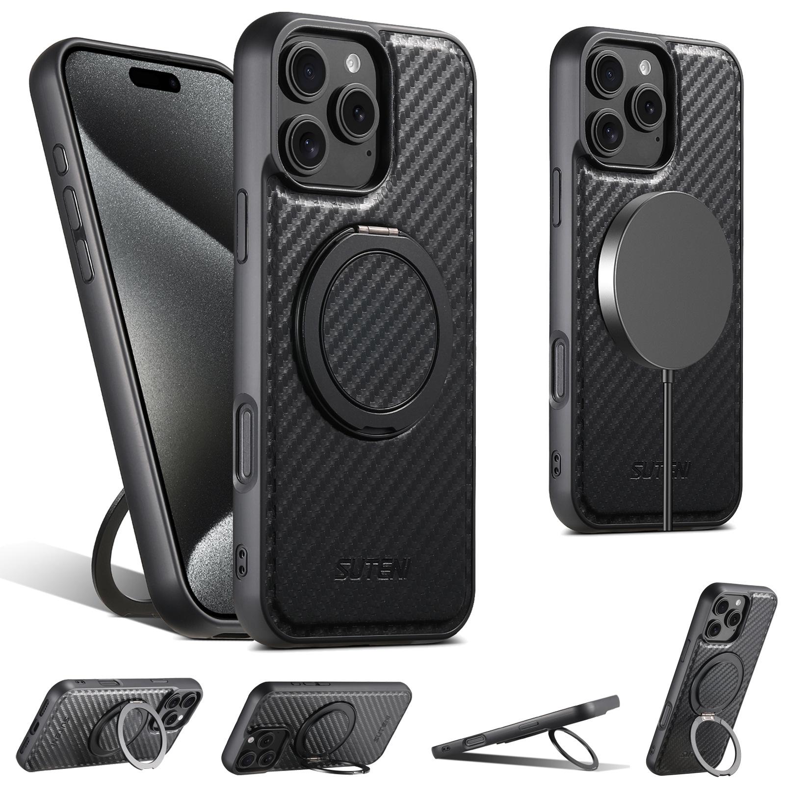

Carbon Firber Texture Leather Phone Case for IPhone 16 Pro Max 15 Plus 14 13 12 Magnetic Charging Bracket Ring Shockproof Cover iPhone 15 чёрный