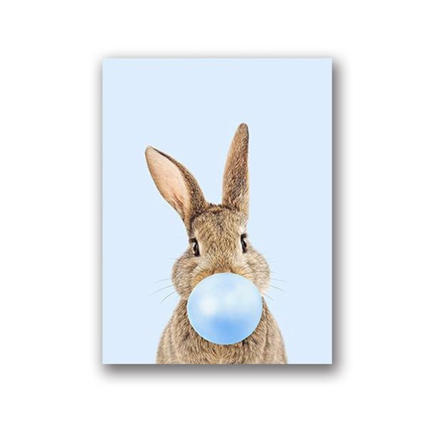 Rabbit Bubble Gum Art Poster Prints Blue Pink Nursery Wall Art Canvas Paintings Wall Picture Baby Animals Bunny Nursery Decor